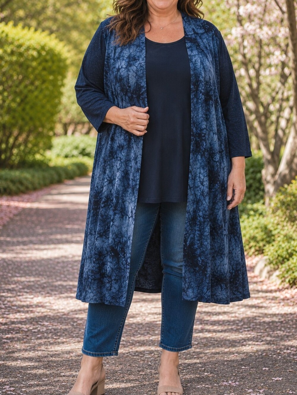 NWT Ever Sassy Navy Tie-Dye Open Front Long Cardigan Duster Boho Lightweight